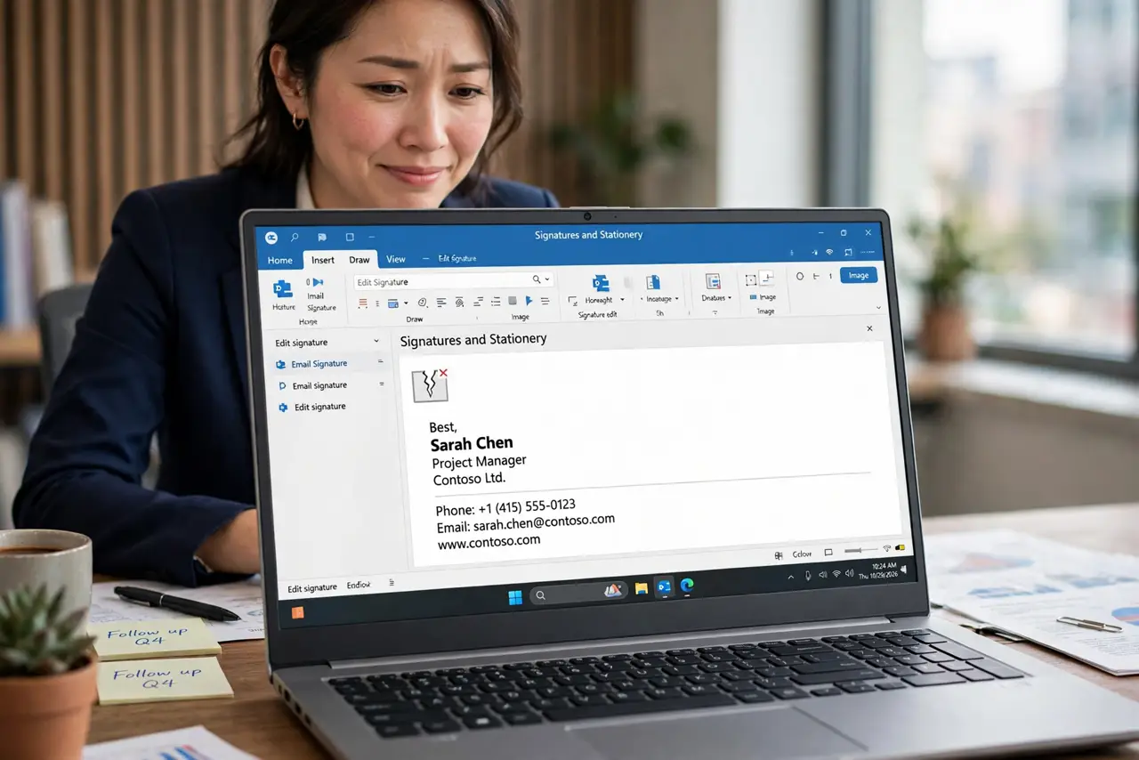 Signature Images Broken in Outlook — a professional adult at a desk with a real laptop showing an Outlook signature with a broken image icon fully
