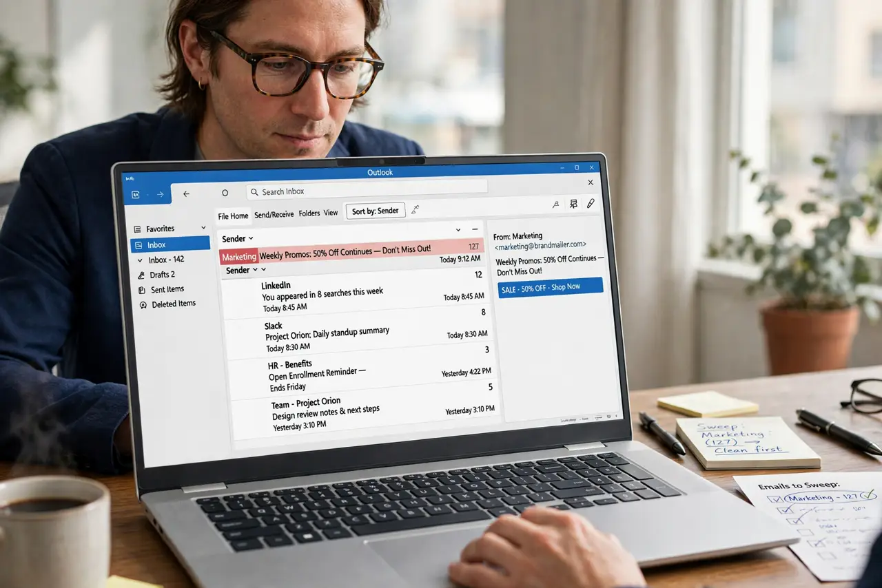 A person performing the first step: Pick the worst offender. Sort the inbox by sender or just notice who fills it. One dominant noisy sender is the perfect.