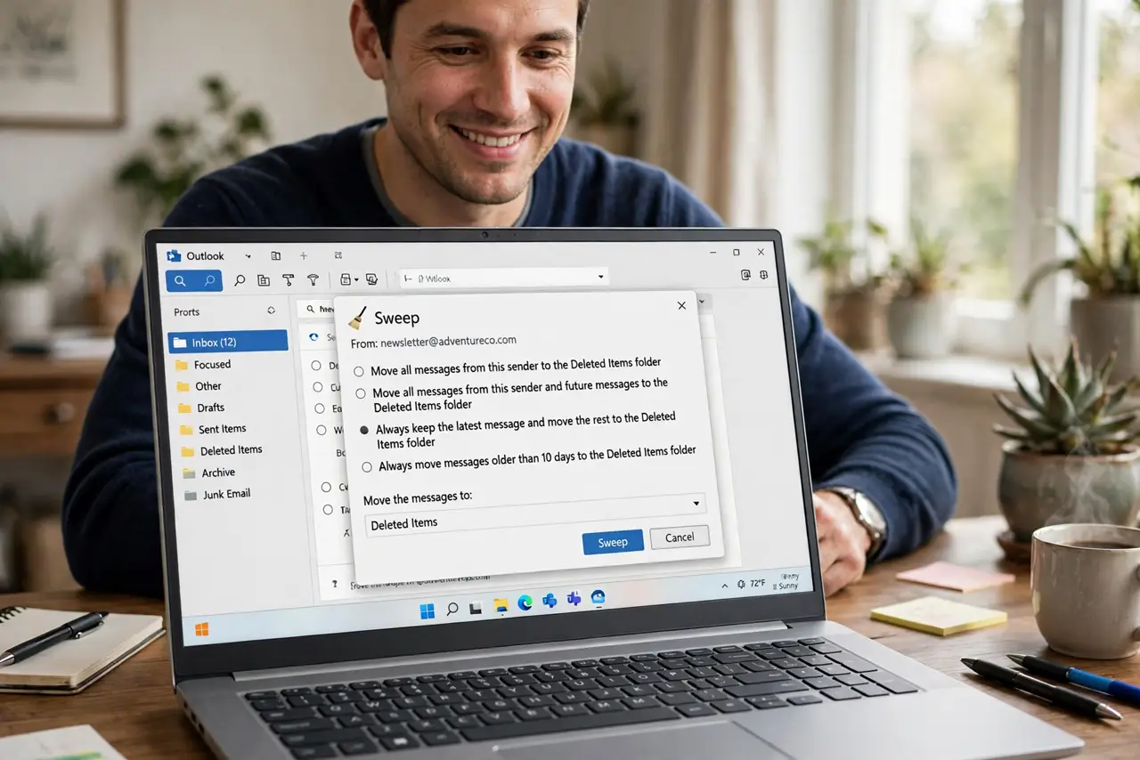 An adult at a desk using a real Windows laptop showing the Outlook Sweep dialog with legible text, the person's face satisfied, home office.