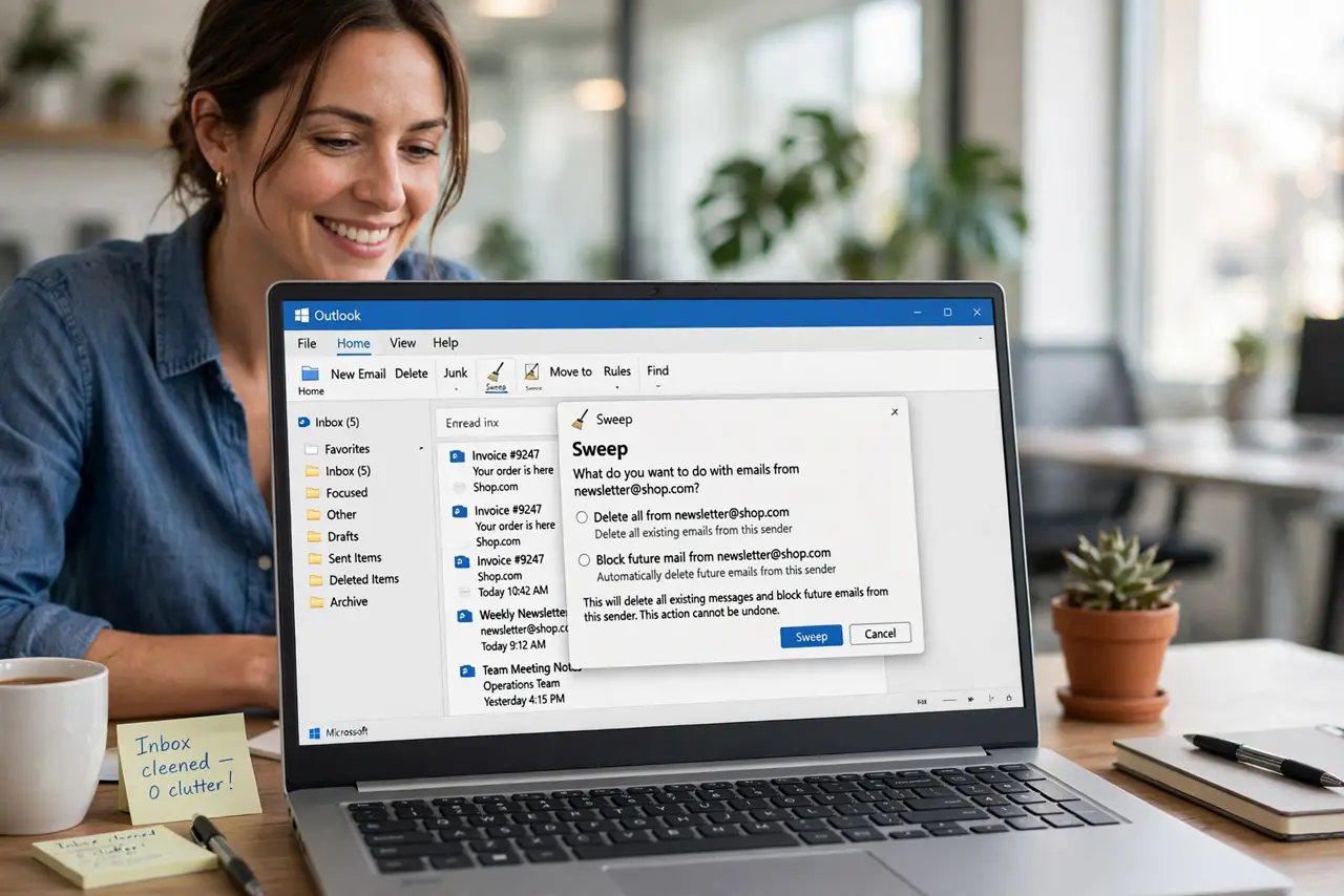 a person using a real laptop showing Outlook's Sweep dialog with options to delete all from sender and block future mail, the person's face relieved, bright office. No black screen.