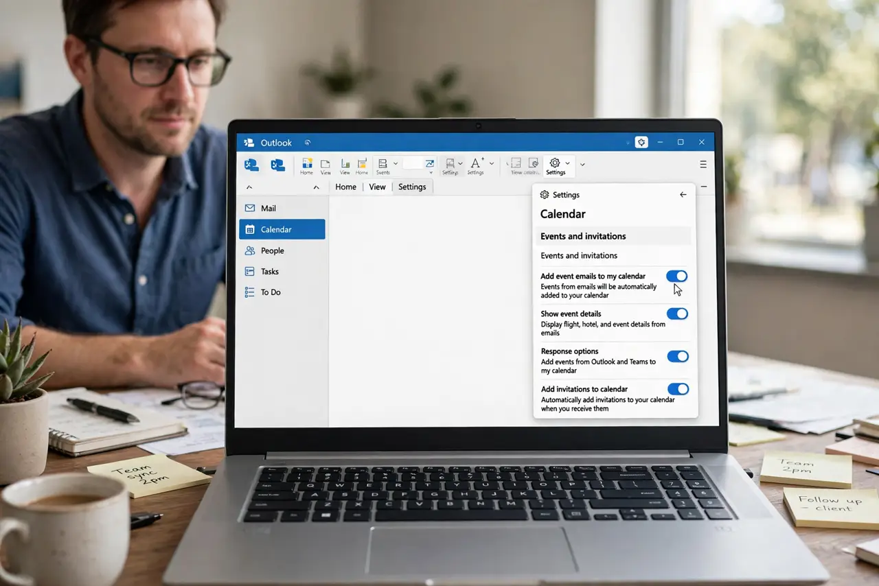 A person performing the first step: Open the calendar settings. New Outlook and web: Settings > Calendar > Events and invitations. Classic: File > Options.