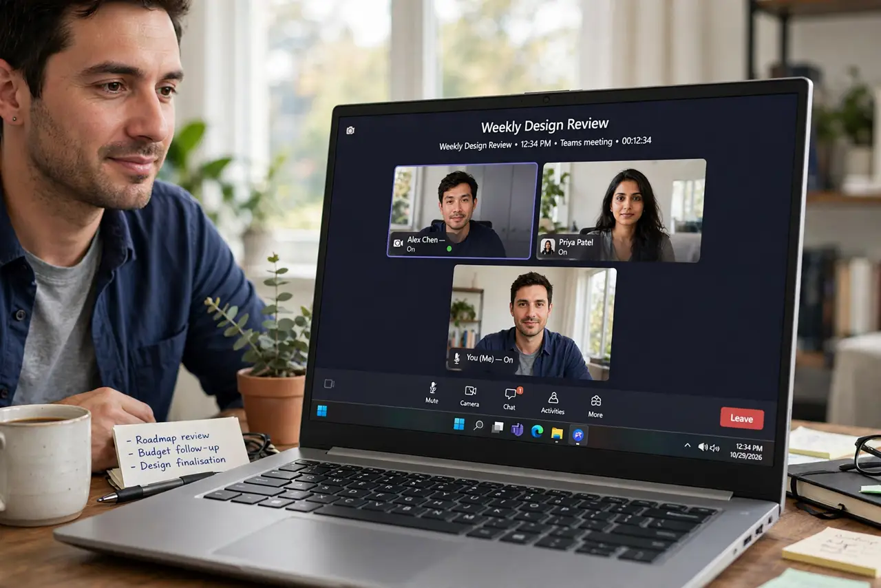 An adult at a home office desk joining a Teams meeting on a real Windows laptop with the meeting controls legible, the person's face calm, daylight.