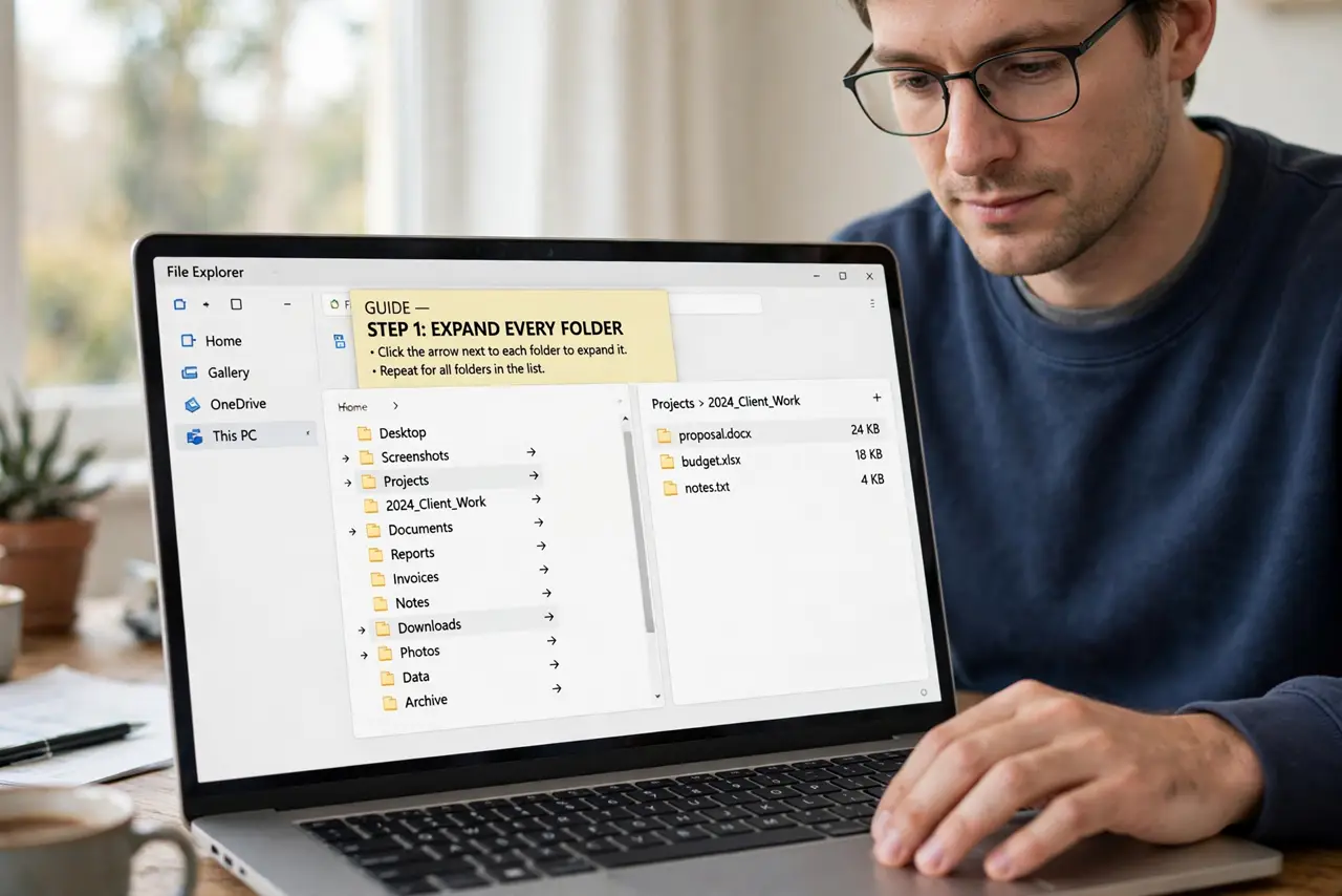 A person doing the guide's first step: Expand every folder.