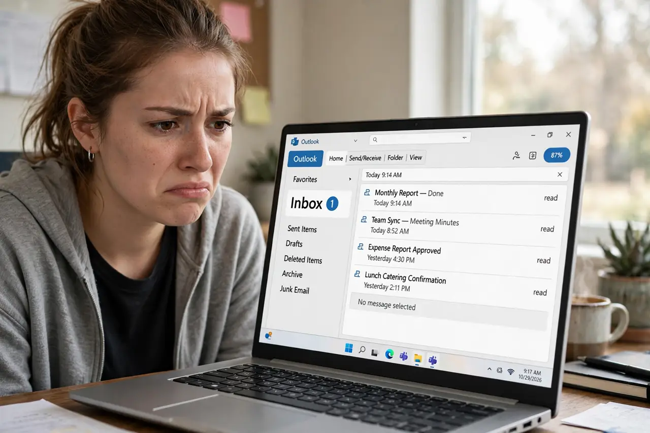 A person looking at a real laptop screen showing Outlook with the inbox bold showing unread count while all messages appear read, the person's face annoyed, home office.