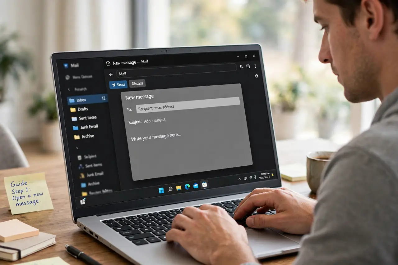 A person doing the guide's first step: Open a new message.
