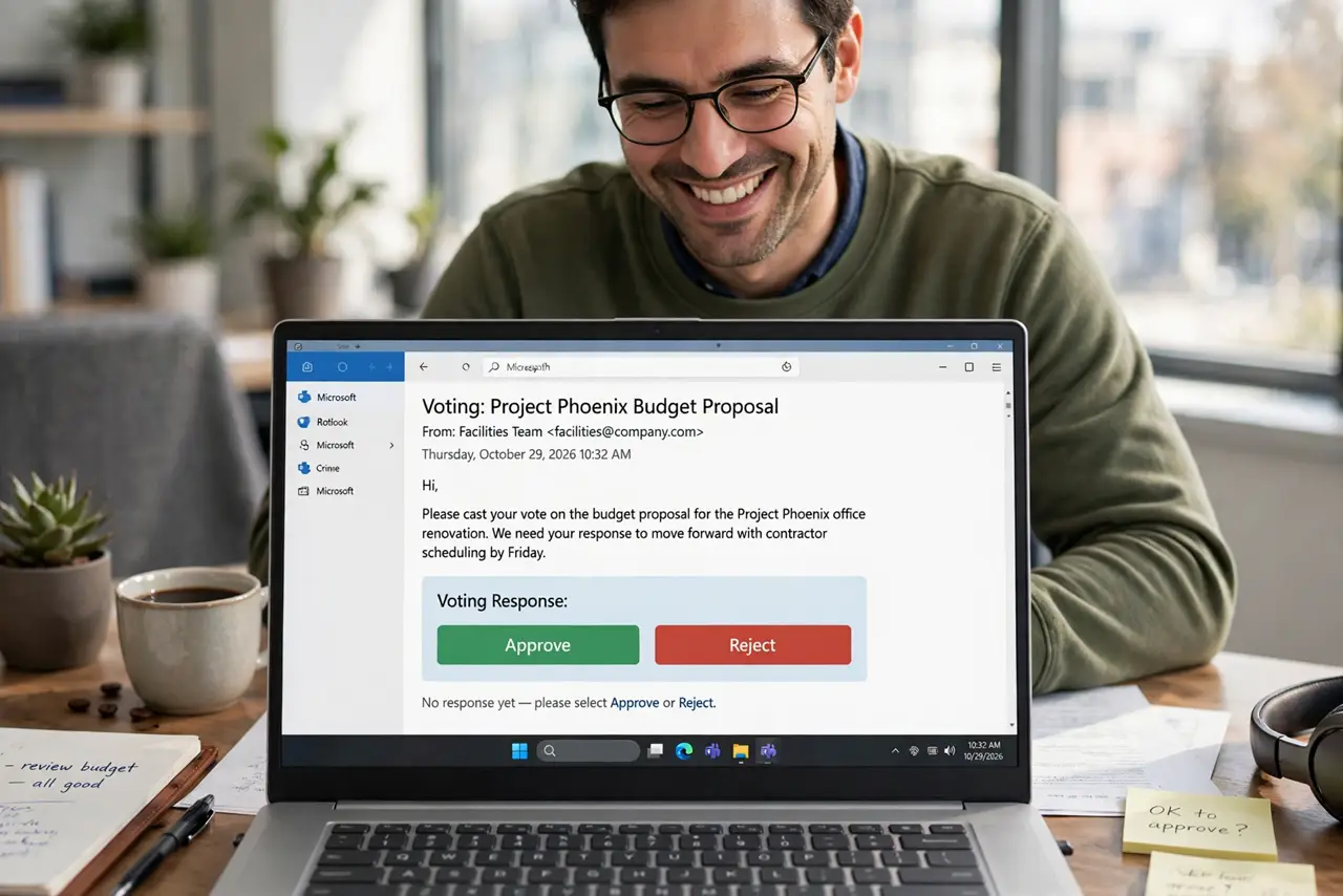 A person reading an Outlook email on a real laptop screen showing voting response buttons with legible Approve and Reject options, the person's face pleased, office desk.