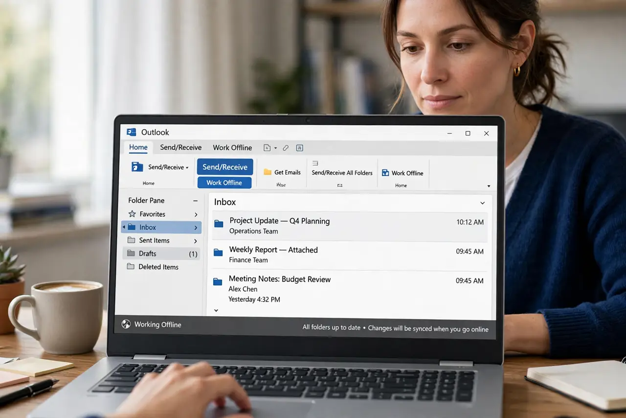 A person performing the first step: Flip the Work Offline switch. Go to Send/Receive > Work Offline. The button highlights and the status bar confirms —.