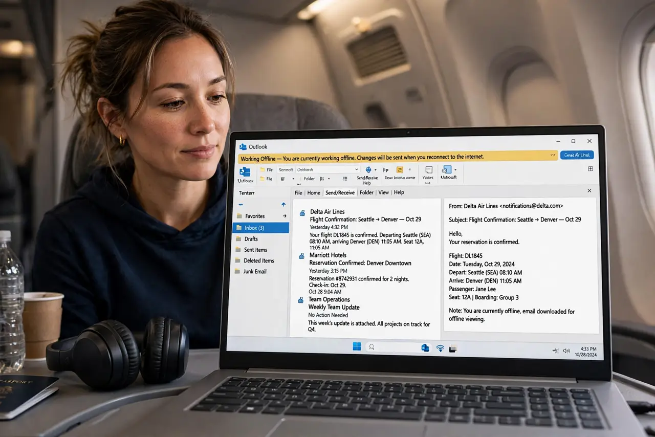 A traveler using a real Windows laptop showing Outlook in offline mode with legible text on an airplane tray table, the person's face calm, cabin light.