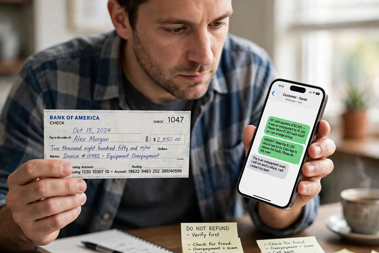 A person performing the first step: Recognize the script. Overpayment 'by mistake,' urgent refund request, keep a bonus for yourself. The politeness and.