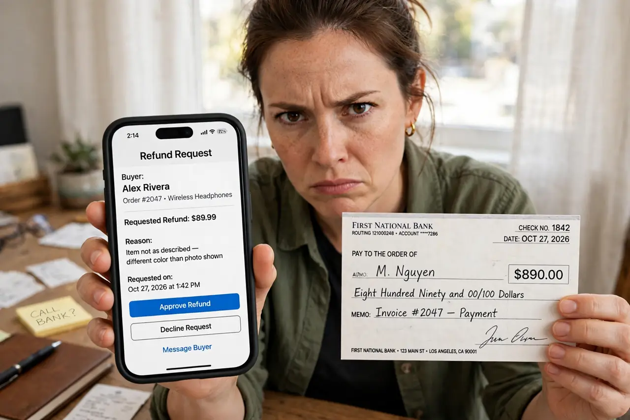 A wary seller holding a real paper check and a real phone showing a buyer's refund request fully legible, the person's face suspicious, home desk.
