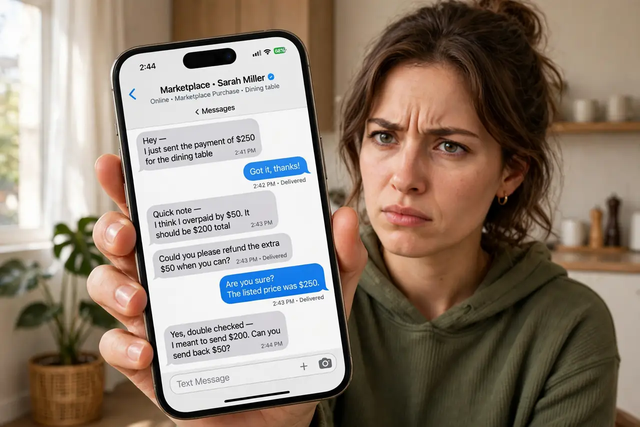a person holding a real phone showing a marketplace chat with legible messages about an overpayment, the person's face suspicious, home interior. No black screen, no blank white sc.