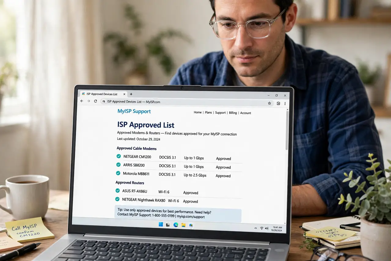 A person calmly performing the guide's first step: Find your ISP's approved list.
