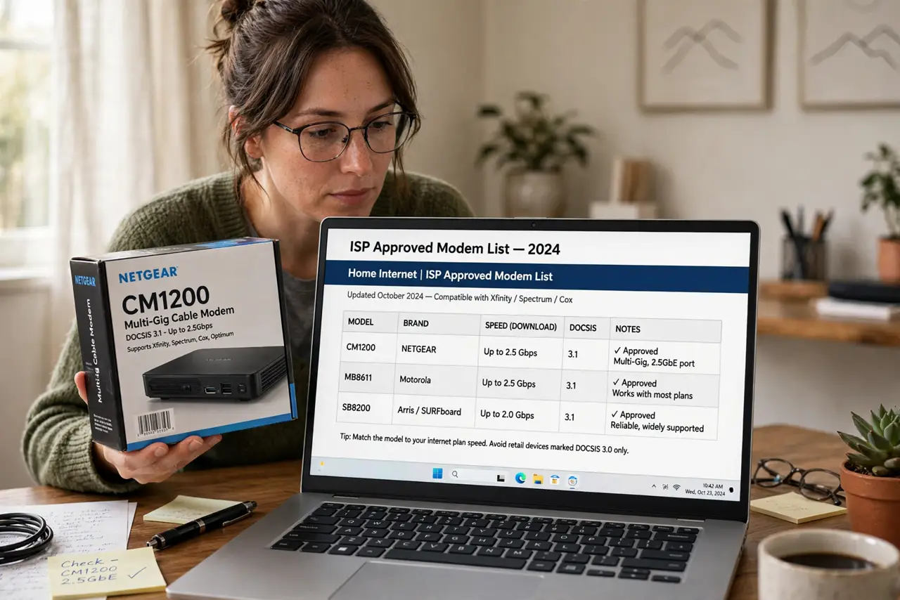 a person comparing a real modem box against an ISP approved-modem list on a laptop, both legible, the person's face focused, home office. No black screen, no blank white screen, no.