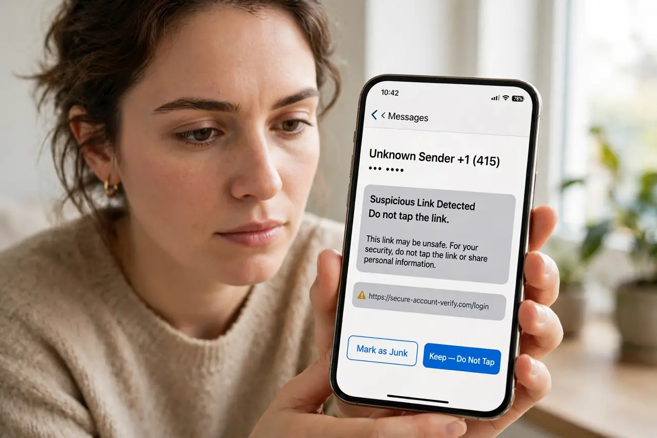 A person calmly performing the guide's first step: Do not tap the link.