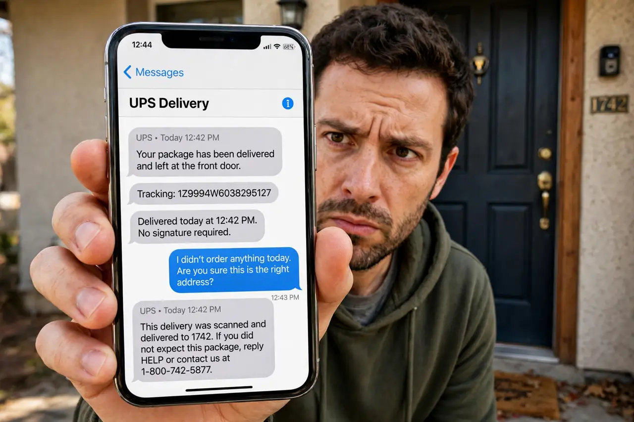 a person holding a real iPhone showing a delivery text message with legible text next to a front door, the person's face suspicious. No black screen, no blank white screen, no fake.