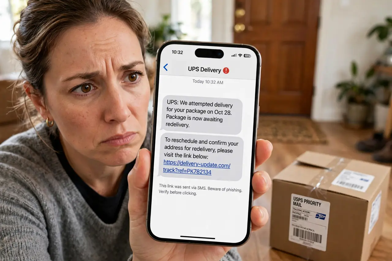 A wary adult holding a real phone showing a suspicious package redelivery text with a link fully legible, a delivered parcel box nearby, the person's face skeptical, home.