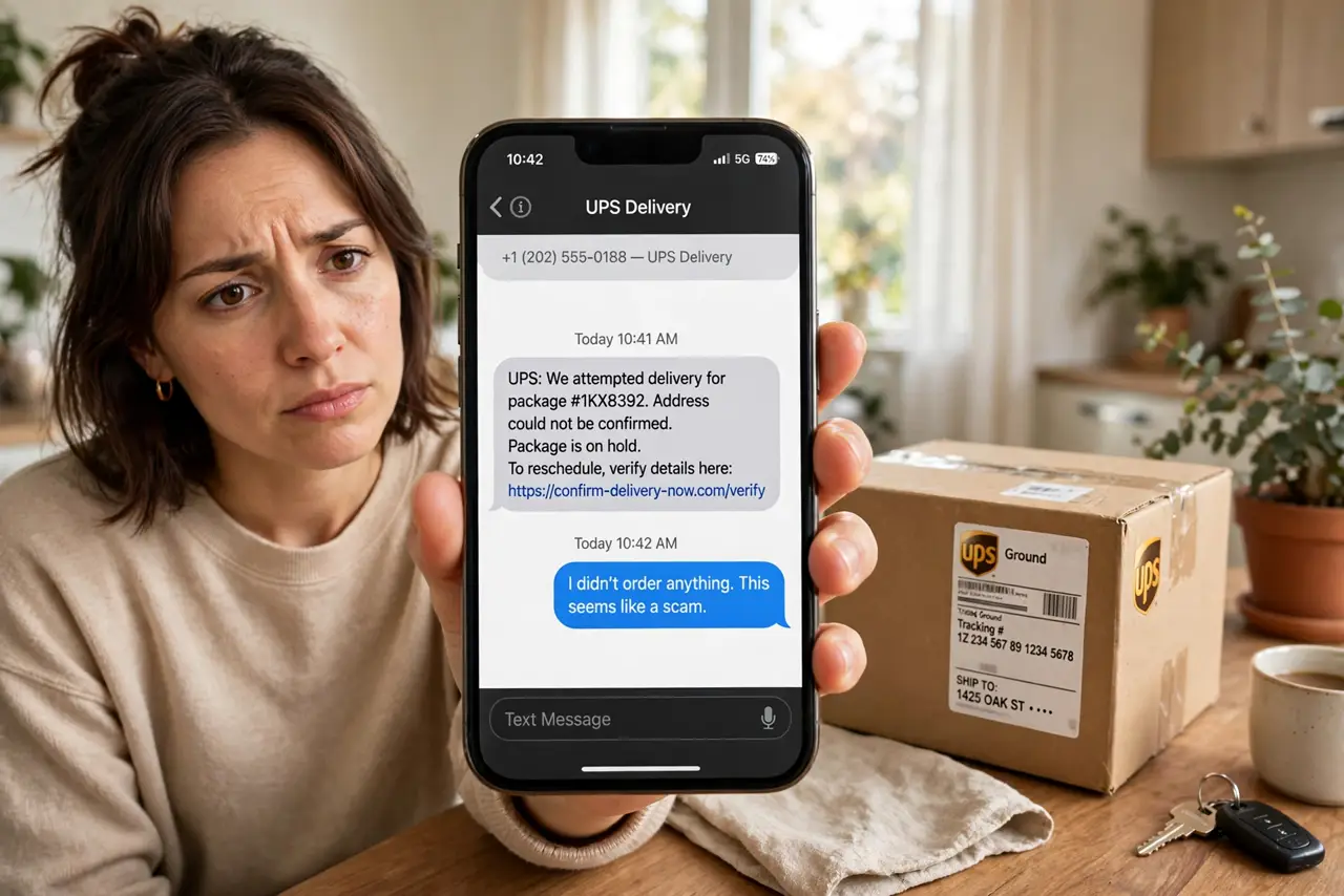 a person holding a real phone showing a suspicious package delivery text message, looking skeptical, a real parcel box on the table beside them, home setting, daylight. No black sc.