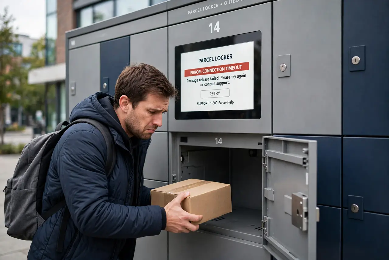 a person retrieving a real package from a real parcel locker wall, the locker door open with the box visible, the person's face satisfied, daylight.