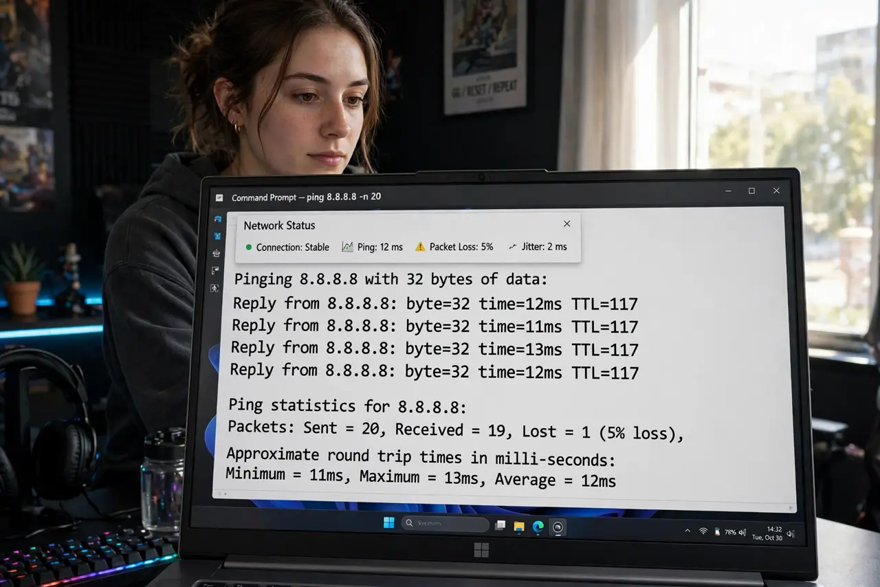 Photoreal photo of a person performing the first step: Confirm it is packet loss. Run a ping test with loss statistics, or check your game's networ...