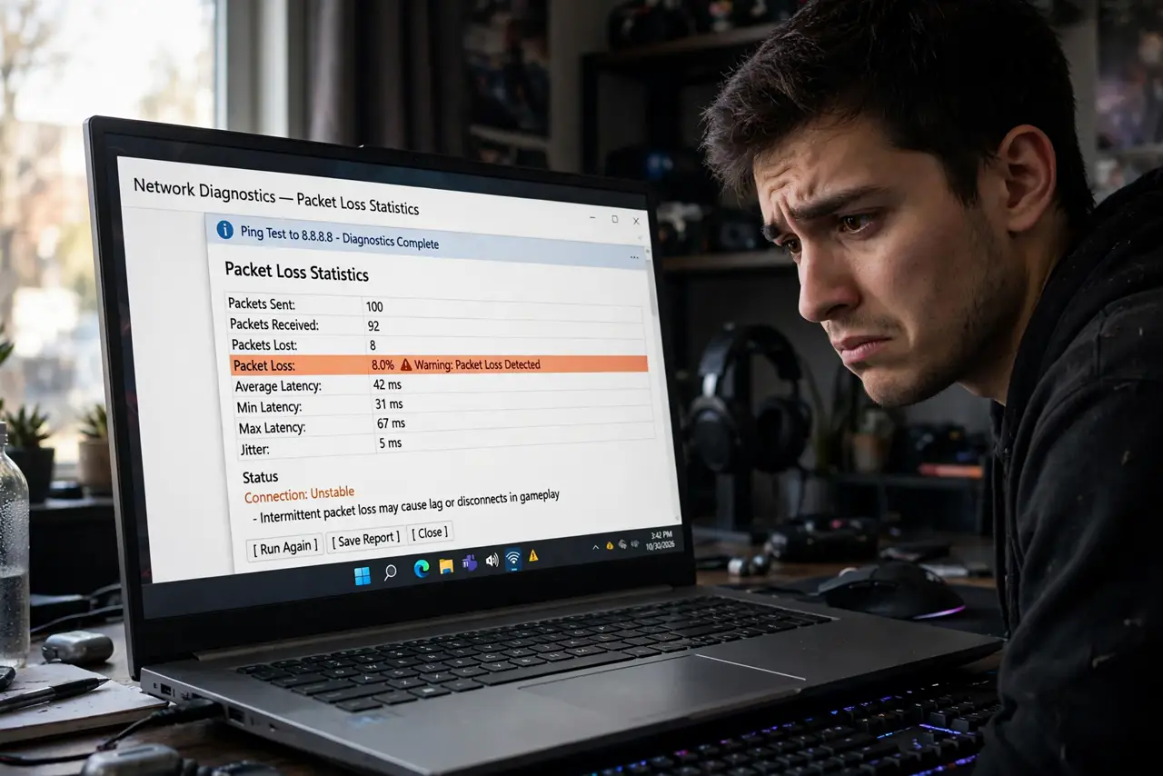 Photoreal photo: a person gaming on a real PC showing a legible network diagnostics window with packet loss statistics, the person's face frustrated but focused, dim gaming room. No black screen, no blank white scr...