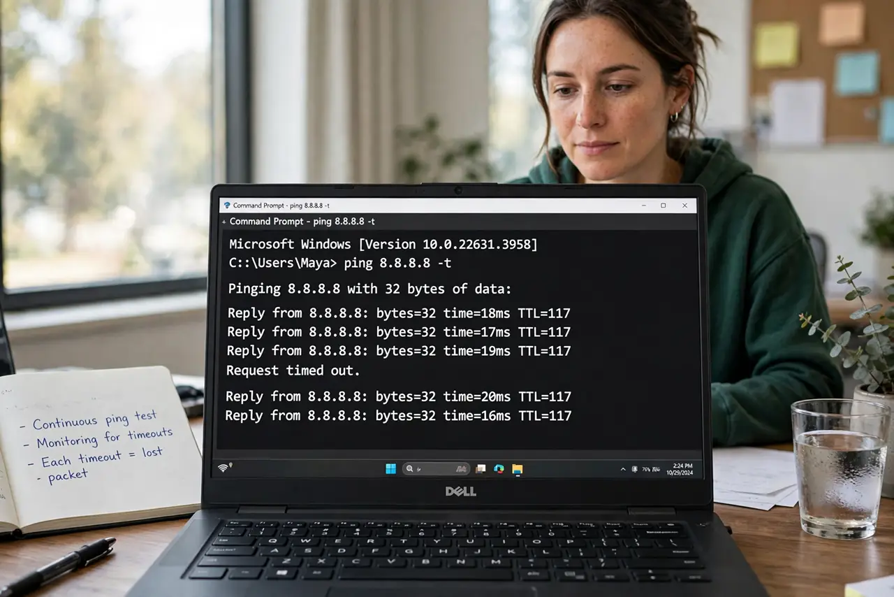 A person performing step 1: Run a continuous ping test. Open a terminal and ping a reliable server for several minutes — not the five-seco.