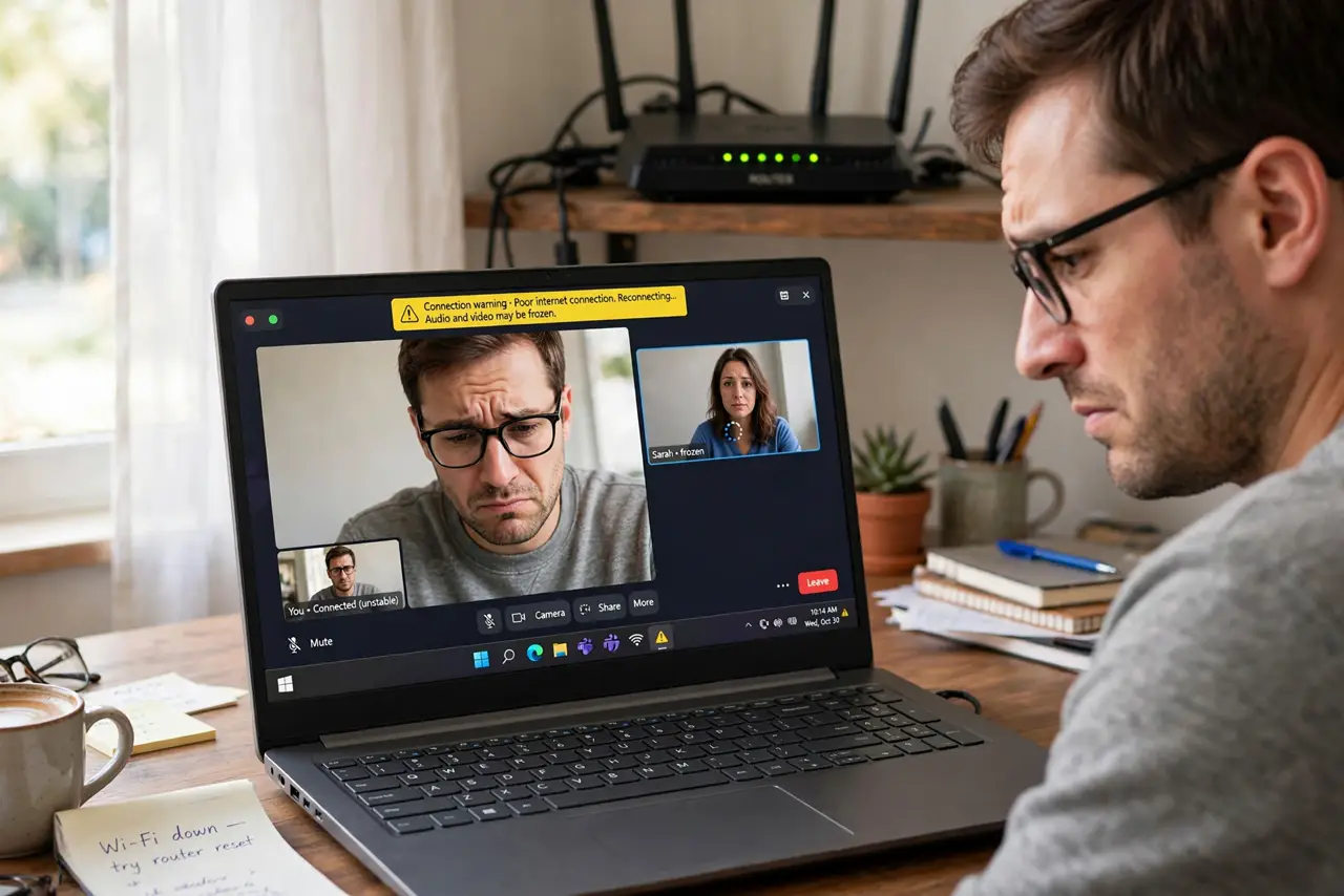 A person on a real laptop video call, the screen large in frame showing a frozen video tile with a legible connection warning, the person's face concerned, home.