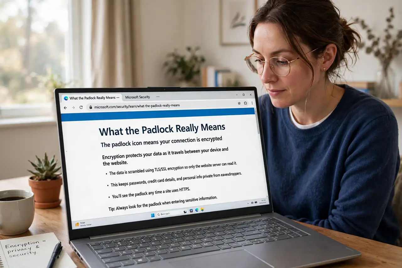 Photoreal photo of a person performing the first step: Learn what the padlock really means. The padlock means your connection to that site is encry...