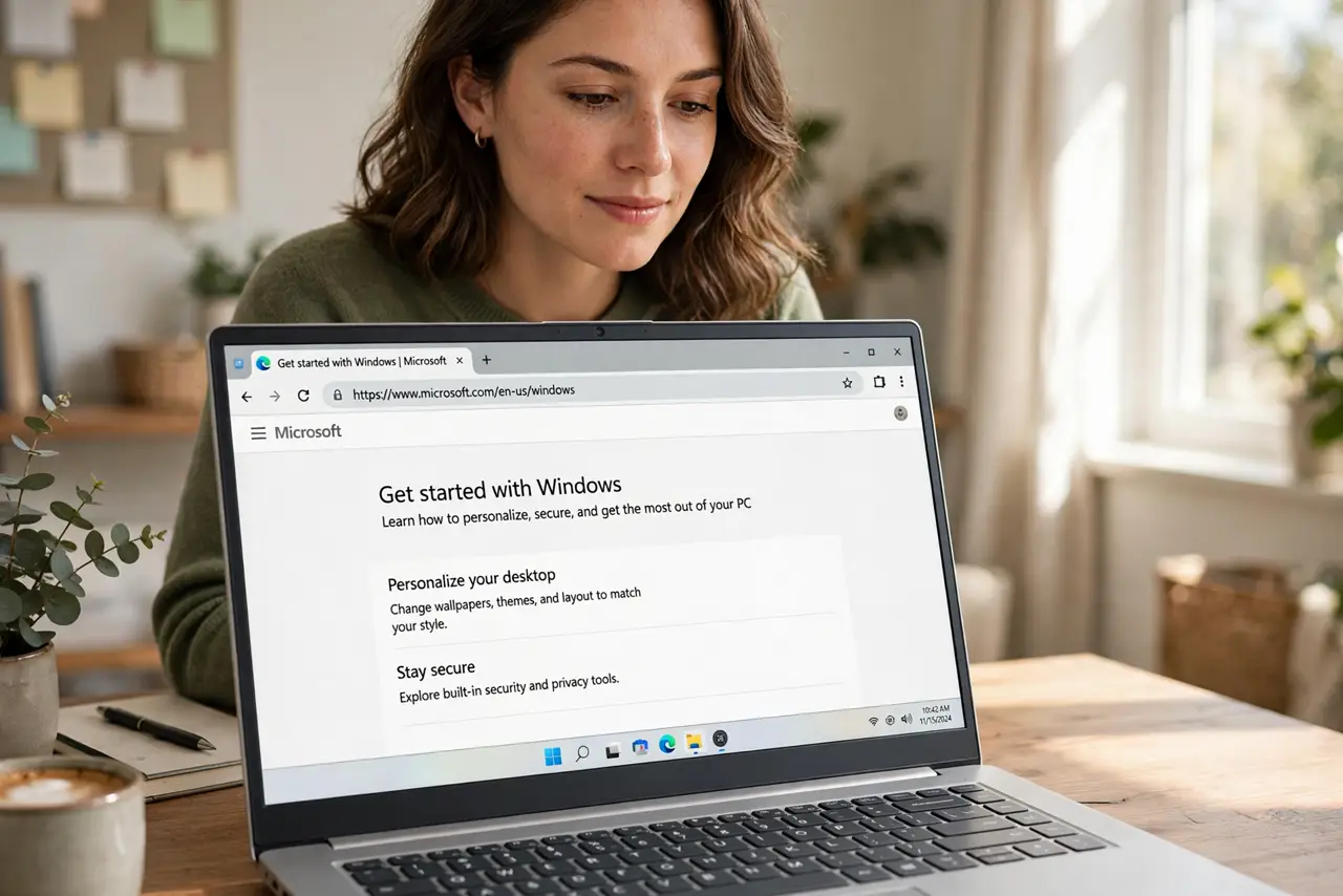 Photoreal photo: a person looking at a real browser address bar showing a padlock icon clearly with the URL legible beside it, the person's face thoughtful, home office. No black screen, no blank white screen, no f...