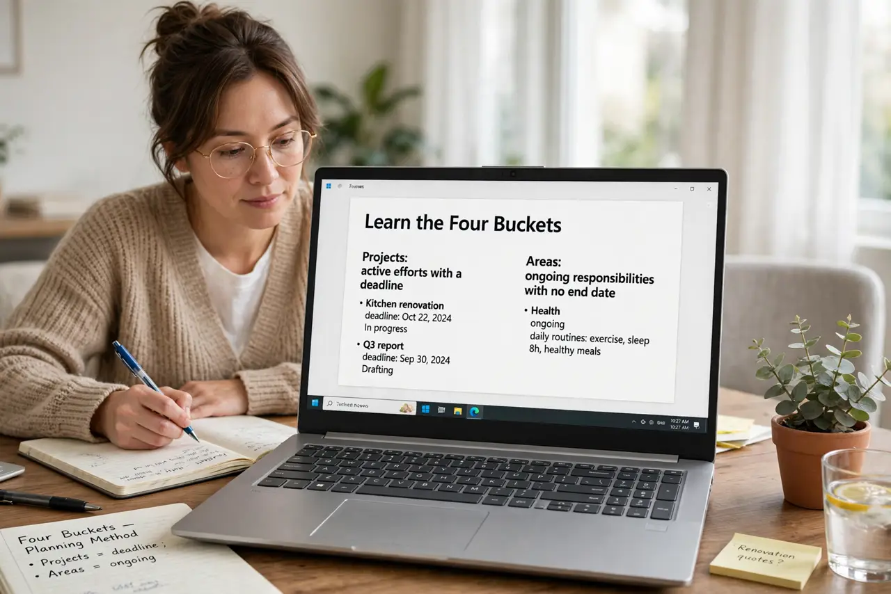 A person performing the guide's first step: Learn the four buckets. Projects: active efforts with a deadline — the kitchen renovation, the Q3 report. Areas: ongoing responsibilities…
