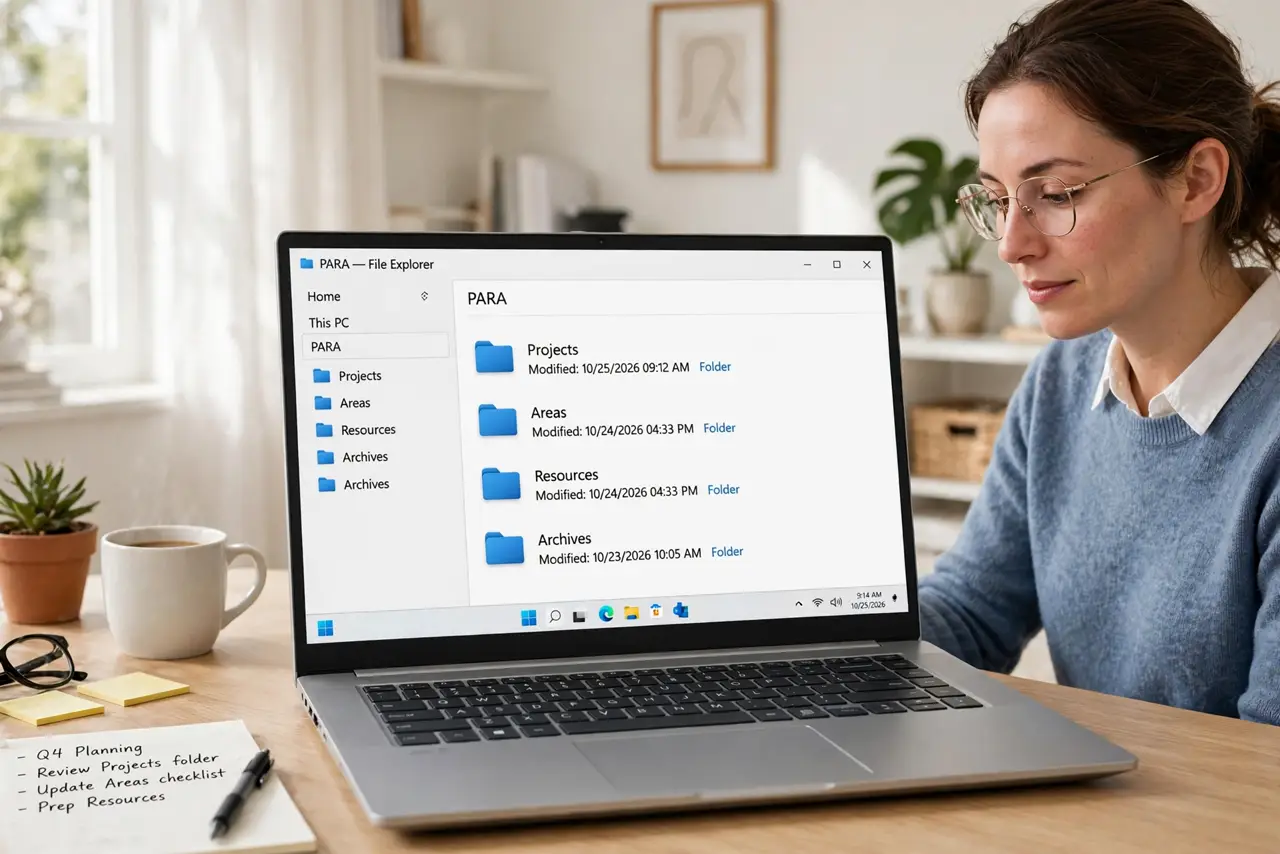 A person at a desk with a real laptop showing legible PARA folders — Projects, Areas, Resources, Archives — the person's face organized and calm, bright home office..
