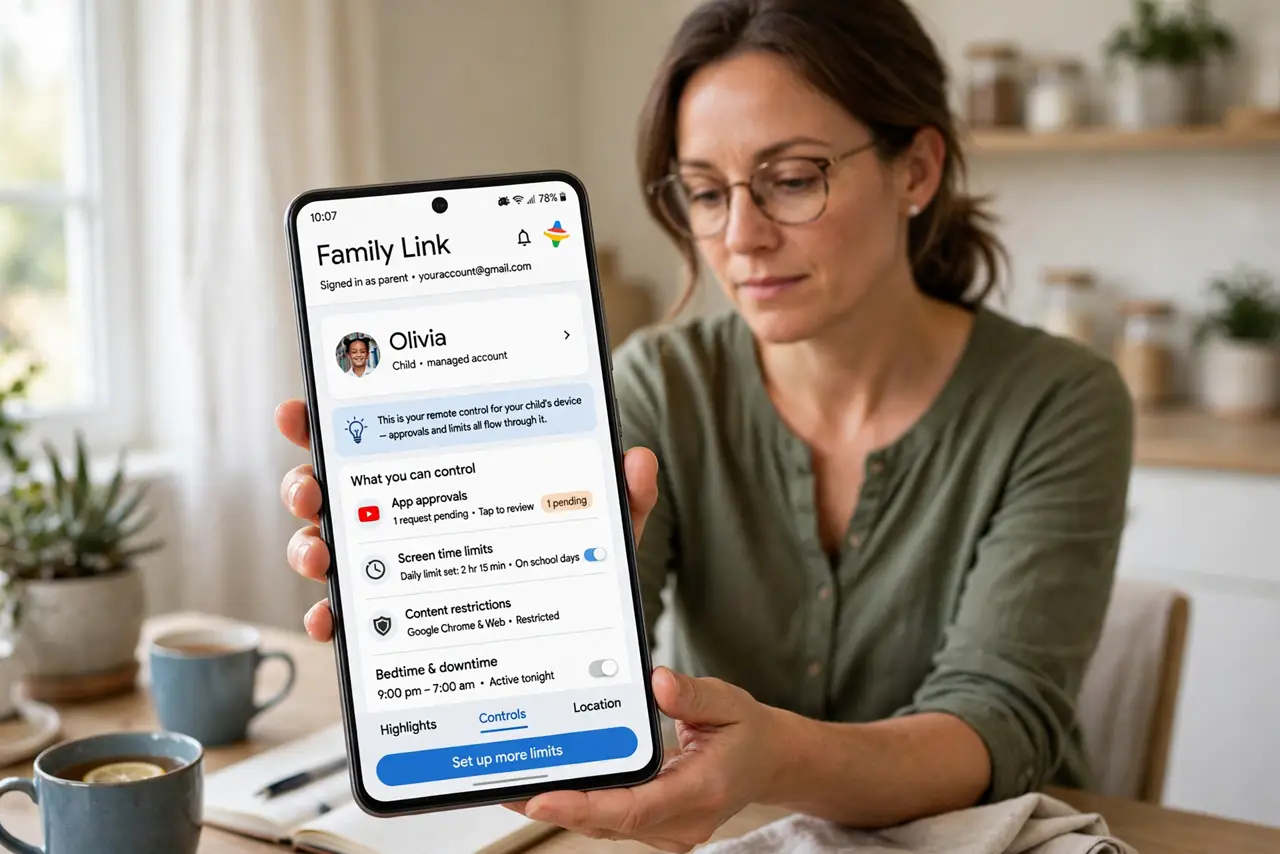 A person performing the first step of the guide: Install Family Link on your phone.