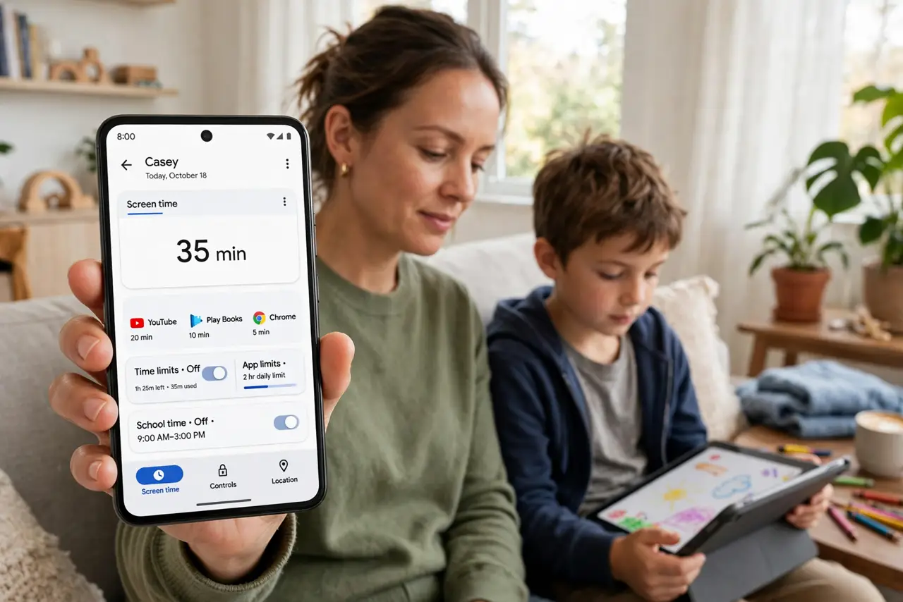 a parent holding a real Android phone showing the Family Link app with legible controls, a child with a tablet nearby, both faces calm, bright living room.