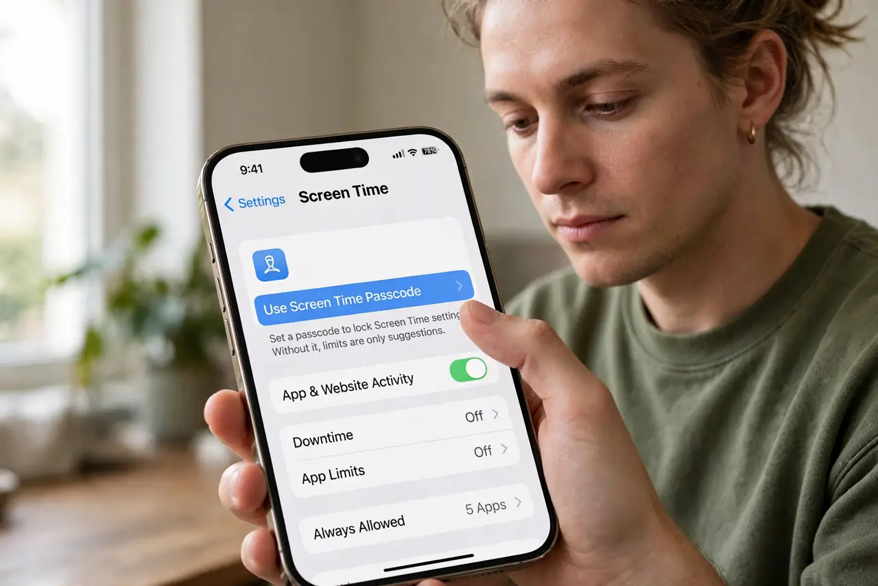 A person performing the first step of the guide: Open Screen Time and set a passcode.