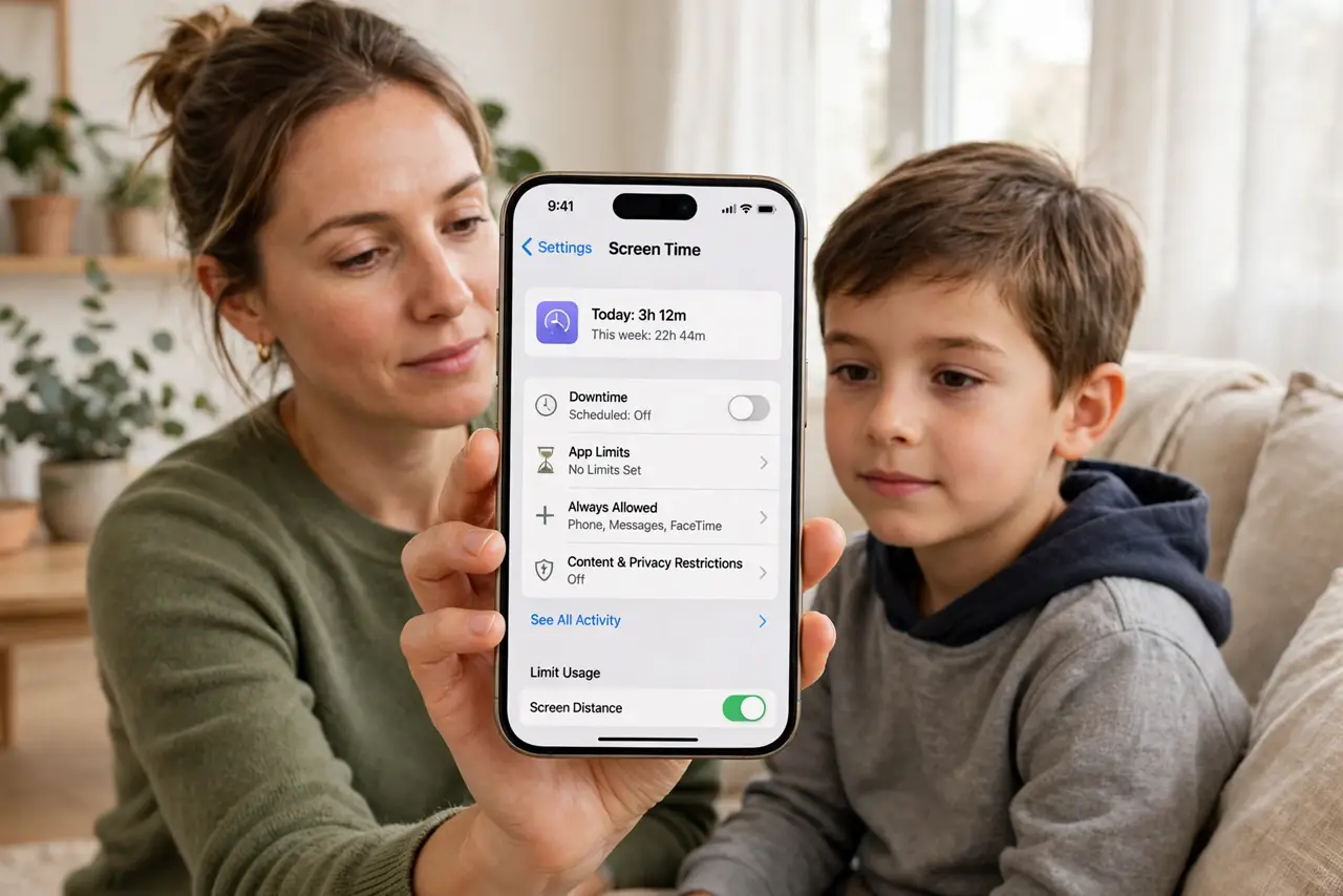 a parent holding a real iPhone showing the Screen Time settings screen with legible options, a child beside them, both faces calm, bright living room.