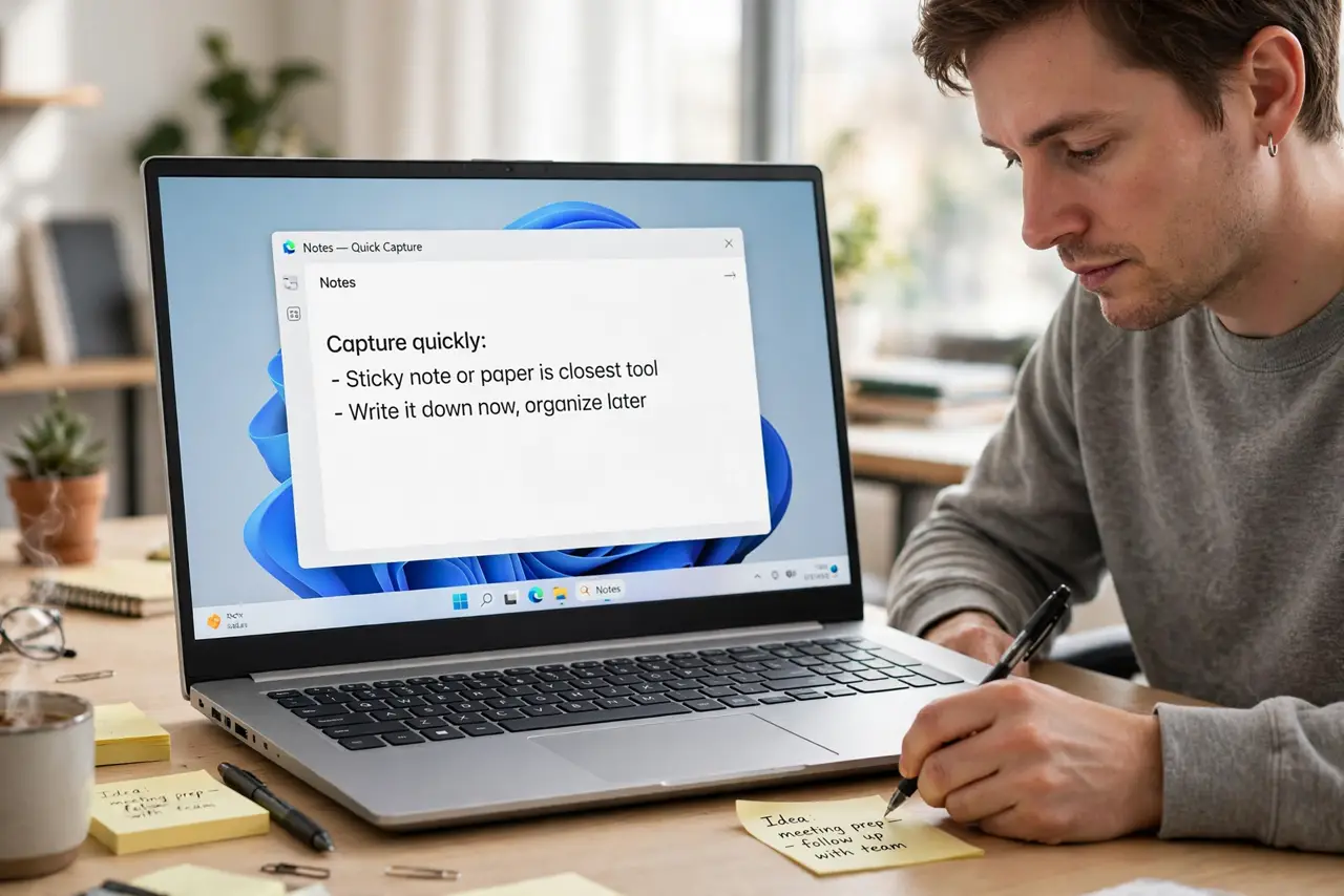 A person performing step 1: Keep a capture tool within reach. A sticky note, a notes app, a scrap of paper — whatever is fastest for you. .