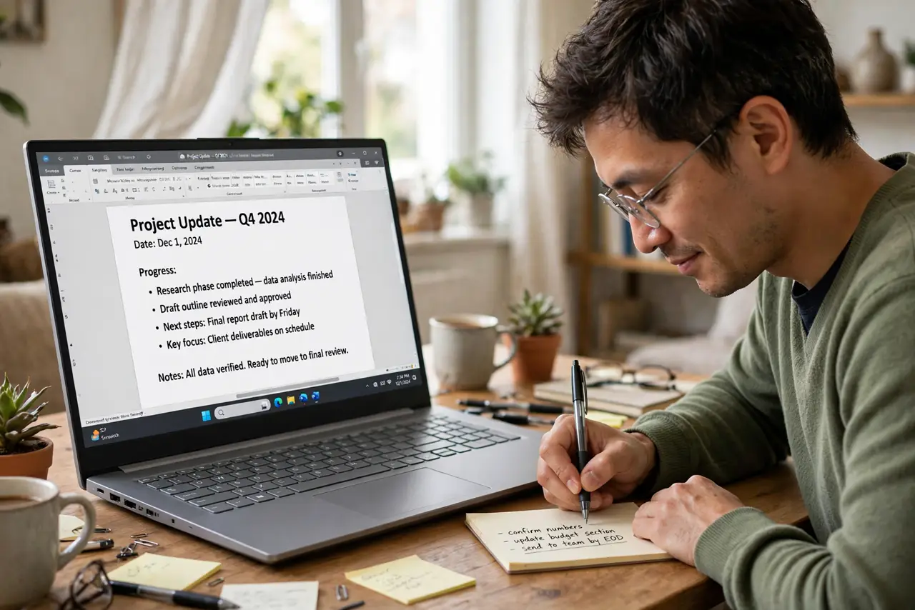 A person writing quickly on a small paper notepad beside a real laptop showing a document with legible text, the person's face relieved and refocused, home office desk.