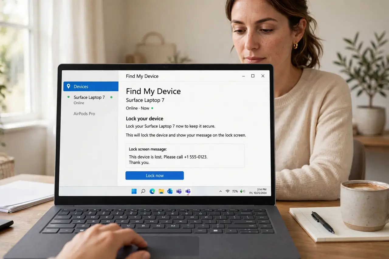 Photoreal photo of a person performing the first step: Lock or erase the lost device remotely. Use Find My (Apple) or Find My Device (Google) to lock