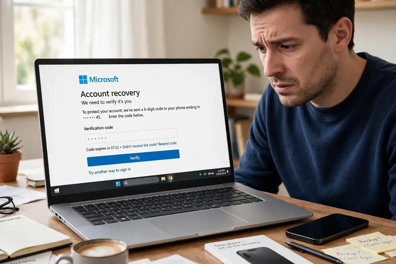 Photoreal photo: a person at a desk with a real laptop showing an account recovery page with legible text, a new phone beside it, the person's face worried then relieved, home office. No black screen, no blank white screen, no fake or