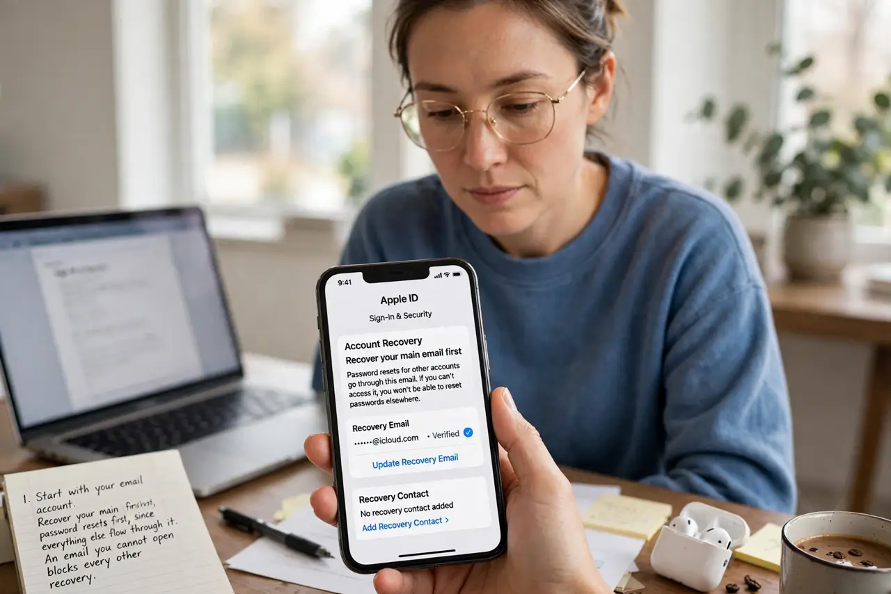A person performing step 1 of the guide: Start with your email account. Recover your main email first, since password resets for everything else flow through it. An email you...