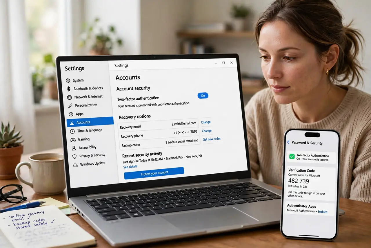 a calm adult at a desk with a real Windows laptop showing a normal account security page with legible recovery options, a replacement phone beside it, the person working calmly