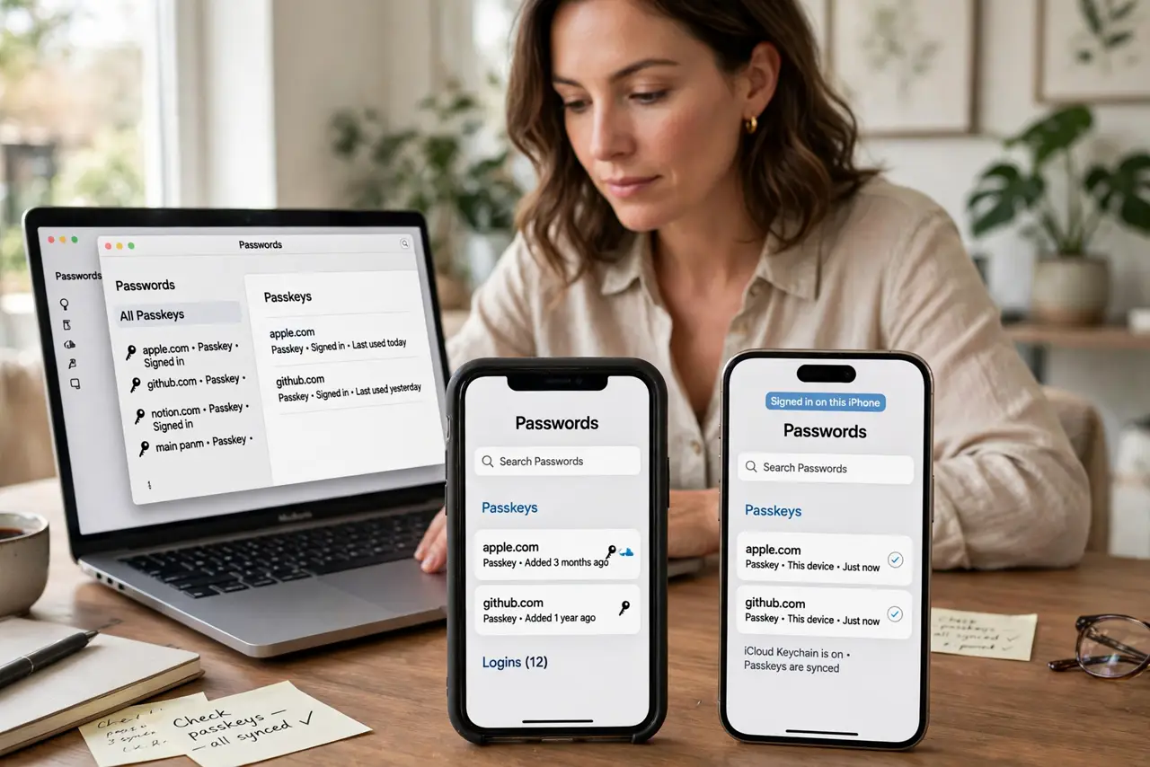 A person performing the first step: Check your other signed-in devices. Open the password manager on a tablet, old phone, or computer still signed in to.