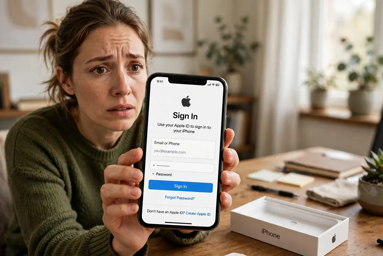 A worried adult holding a real new phone showing a sign-in screen fully legible, an empty phone box on the desk, the person's face anxious but hopeful, home office.