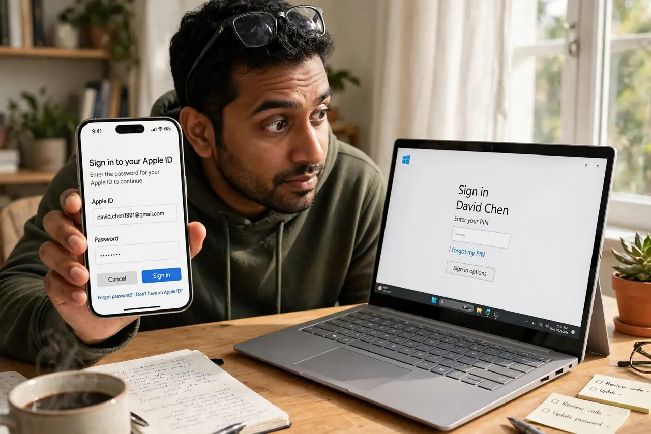 A person holding a real phone in one hand and looking at a real laptop beside it, both showing a sign-in screen with fully legible text, the person's face curious, home desk.