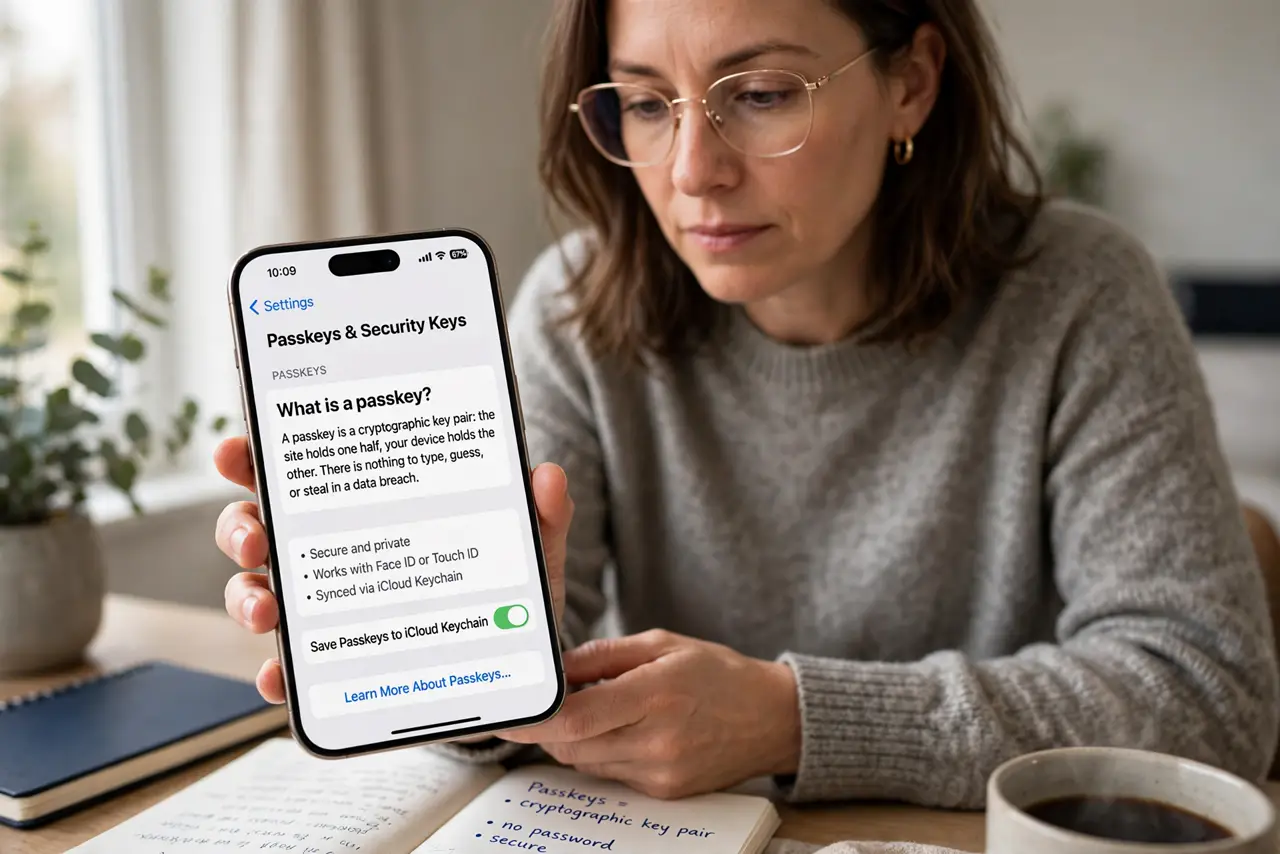 A person performing step 1 of the guide: Understand what a passkey is. A passkey is a cryptographic key pair: the site holds one half, your device holds the other. There is...