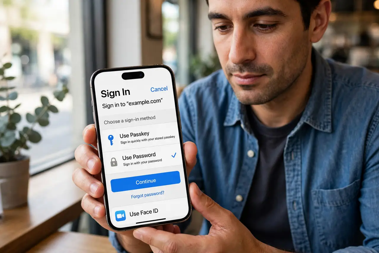 a calm adult holding a real iPhone showing a normal sign-in screen with legible passkey and password options, the person choosing deliberately