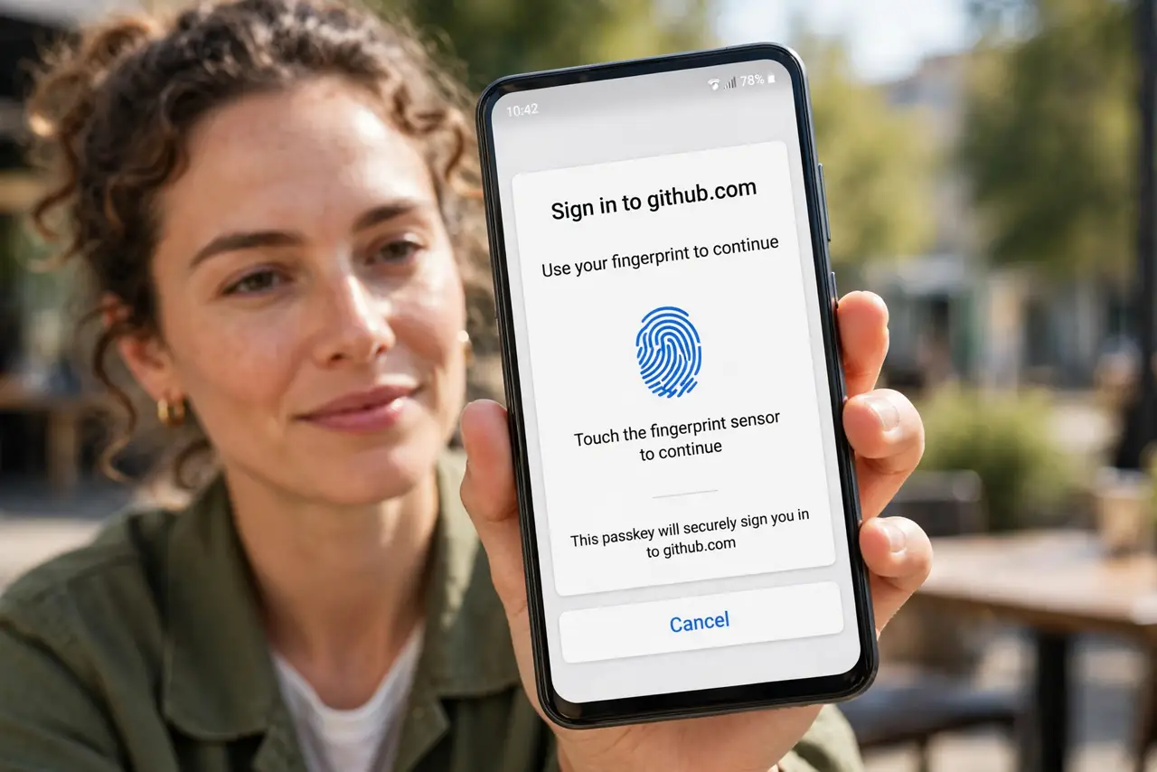 a person holding a real Android phone showing a fingerprint passkey login prompt for a website, the person's face relaxed and confident, bright daylight. No black screen, no blank .