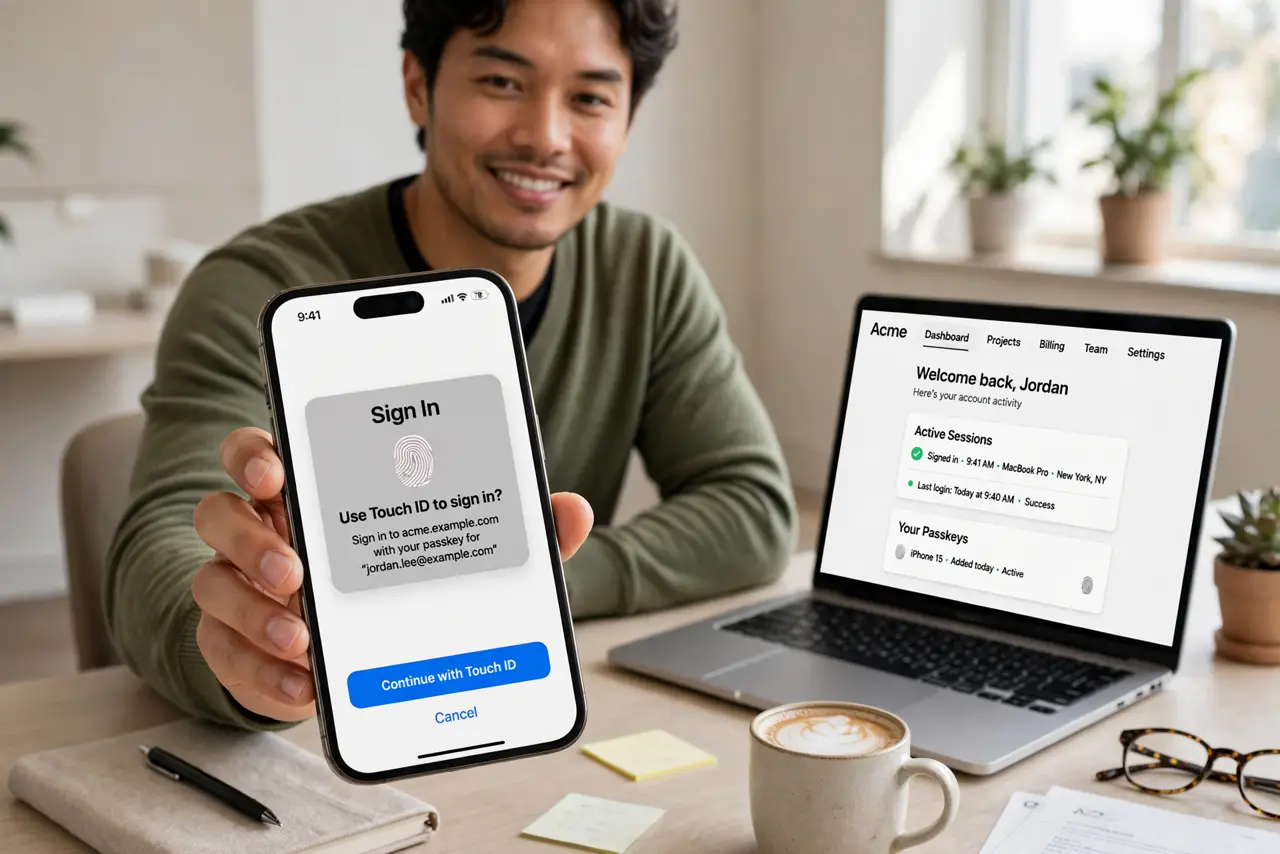 a person holding a real phone showing a passkey login prompt with a fingerprint icon, a laptop beside it showing a logged-in account, the person's face confident, bright desk. No b.