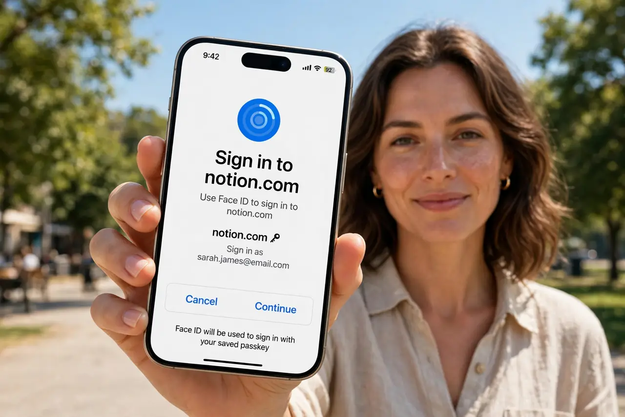 a person holding a real iPhone showing a Face ID passkey login prompt for a website, the person's face relaxed and confident, bright daylight. No black screen, no blank white scree.