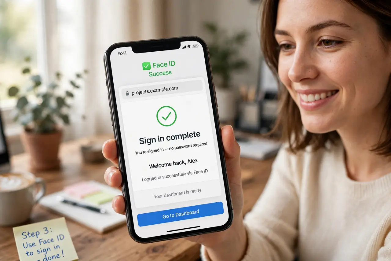 a person unlocking a real phone with Face ID to sign into a website, the login completing without typing a password, the person's face pleased, home desk.