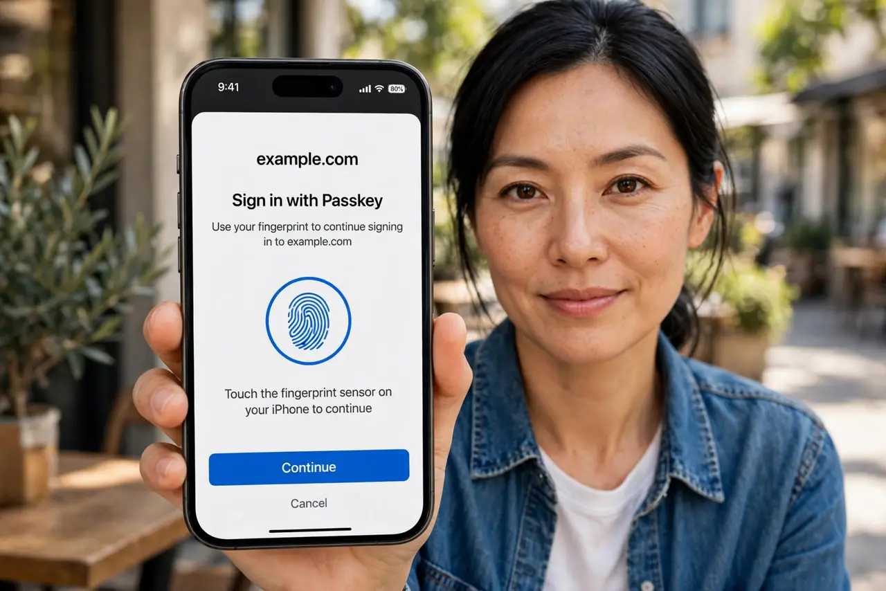 Passkeys vs Passwords — a calm adult holding a real phone showing a passkey login prompt with a fingerprint icon, the screen text full